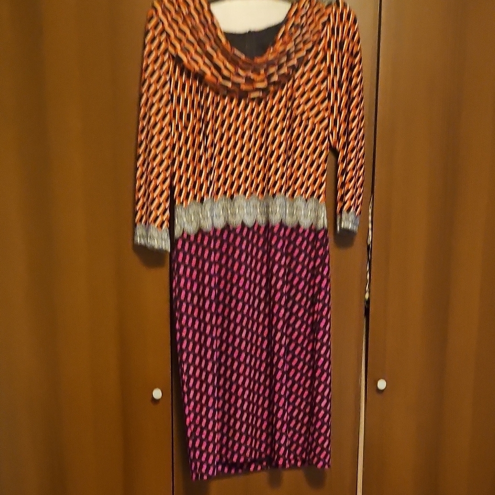 David Meister Orange and Pink Long Sleeve Dress